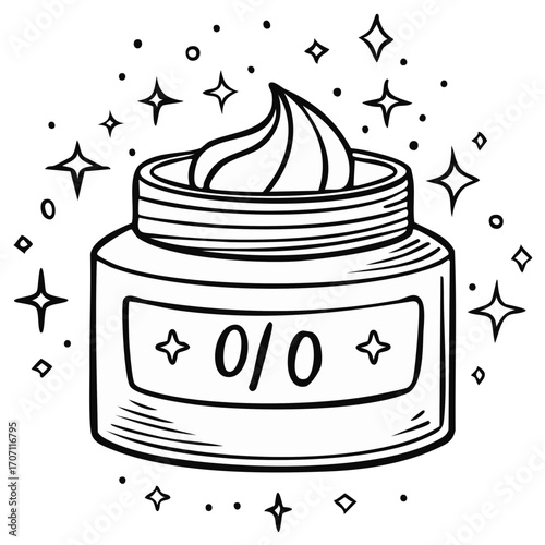 Hand-drawn illustration of cream jar with stars for cosmetics