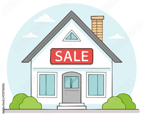 Cartoon illustration of a house with a 'SALE' sign, showing real estate concepts.