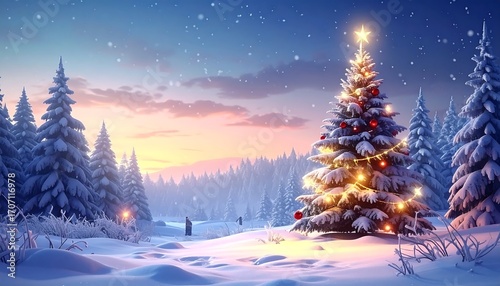 Wallpaper Mural Snowy Christmas scene with tree Torontodigital.ca