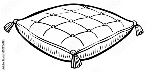 Elegant Tufted Pillow with Decorative Tassels Hand Drawn Sketch