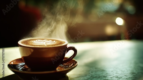 crema. Steaming hot latte cup on an elegant cafe table, evoking a warm morning breakfast atmosphere. bar promotions, beverage menus, designed for food & beverage menus and cafe branding.