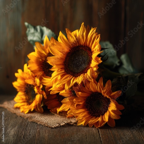sunflowers. Rustic close-up of sunflower arrangement on a wooden surface with warm natural light. gardening catalogs, home-decor guides, designed for gardening and botanical catalogs.