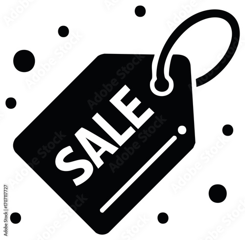 Black sale tag with white lettering and decorative dots, representing discount and retail