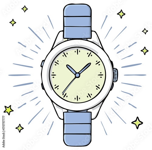 Wristwatch Illustration, Blue and White, Timekeeping Concept, Analog Style