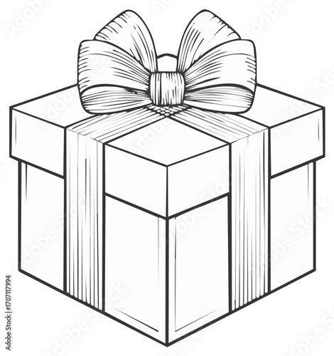Sketch style gift box with ribbon bow line art drawing celebrating holidays and special occasions