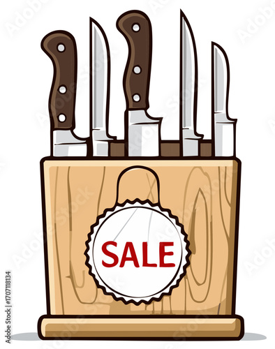 Wooden Knife Block with Set of Kitchen Knives and Sale Tag