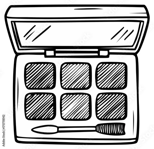 Monochrome makeup palette and brush illustration. Sketch of eyeshadow set with mirror. Beauty items