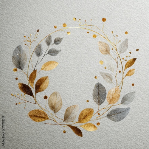 wreath. A circular wreath of watercolor leaves with gold accents, exuding artistic charm and harmony. event programs, museum guides, designed for cultural heritage projects and event programs.