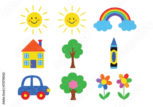 Illustration of childrens drawing of sun, rainbow, house, tree, car, crayon, flower