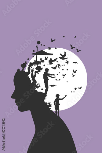 Surreal silhouette of woman’s head with children, birds, and imagination – psychology and inner world concept illustration