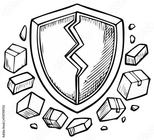 Broken Shield with Scattered Packages Illustrating Fragile Delivery Protection