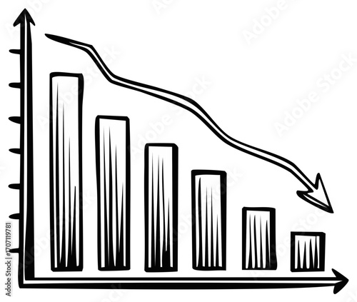 Hand drawn graph chart with arrow pointing downward showing financial decline or loss.