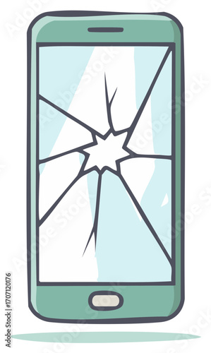 Broken smartphone screen illustration, damage to the display, cracks on digital device, cartoon