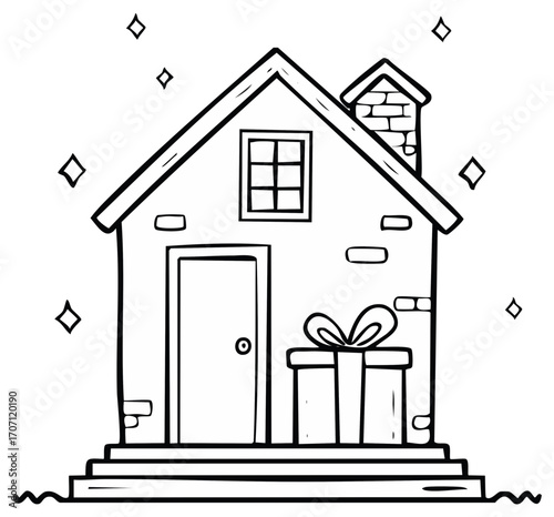 Simple line art illustration of a house with a gift box