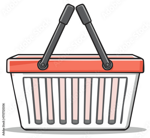 Empty shopping basket with red trim and grey handles, front view