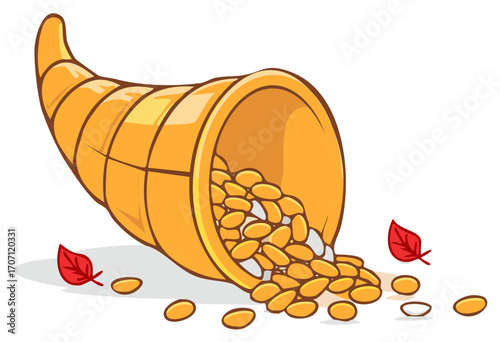 Cartoon cornucopia spilling seeds, festive thanksgiving holiday illustration.