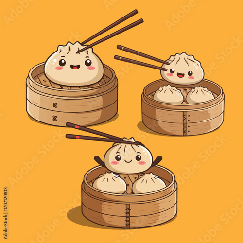 Cute cartoon dumplings with smiling faces in bamboo steamers, ready to be eaten with chopsticks.