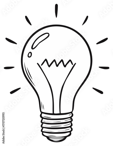 Drawn incandescent light bulb with glowing rays symbolizing a bright idea or inspiration