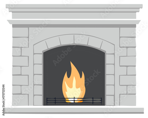 Cartoon illustration of a stone fireplace with a warm glowing fire and grate