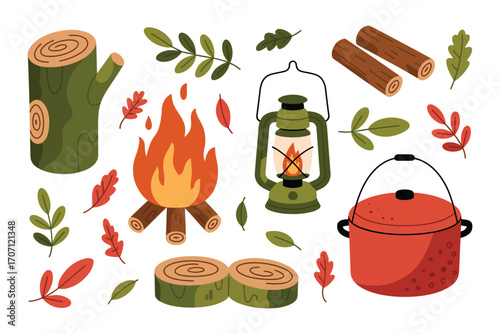 Camping Essentials Vector Illustration – Campfire, Lantern, and Outdoor Gear Elements for Wilderness Adventure, Hiking, Nature Activities, Travel Design, and Exploration Graphics