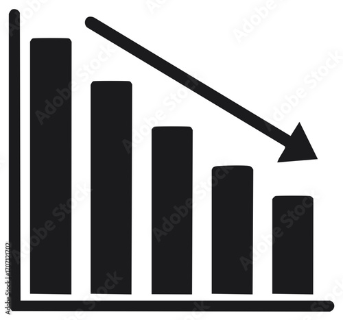 Vector black bar chart icon showing a downward trend arrow indicating financial decline and business loss