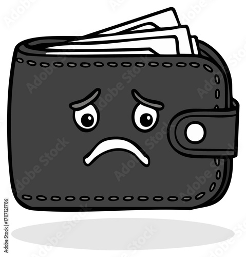 Cartoon wallet with sad expression, financial loss, no money, expense.