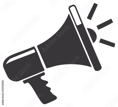 Megaphone icon in dark grey with sound waves emanating for announcement and promotion, single object illustration