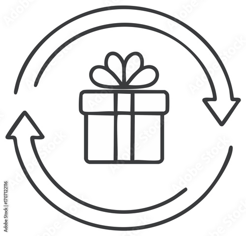 Outline gift box with circular arrows, return or exchange concept icon