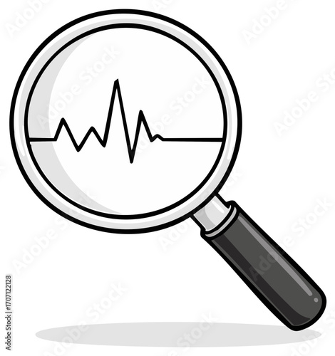 Magnifying glass analyzing a fluctuating graph, line graph scrutiny with magnifying