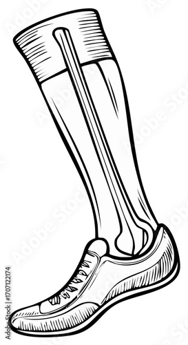 Detailed line art illustration of a human leg with a sports shin guard and athletic shoe for soccer
