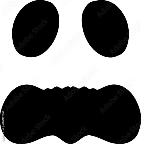 Goofy Jack-o'-lantern face silhouette. Spooky but funny Halloween pumpkin expression, isolated black icon for carving or decoration.