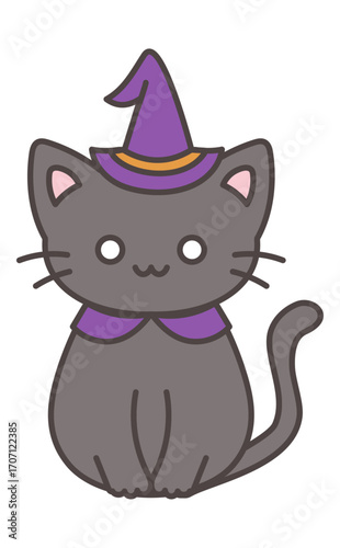 ハロウィンのかわいい黒猫イラスト（Cute black cat character for Halloween,kawaii animal illustration）