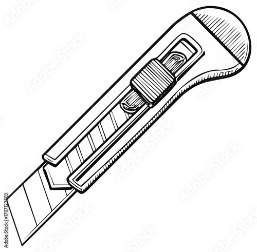 Black and white illustration of a utility knife with a retractable blade and slider