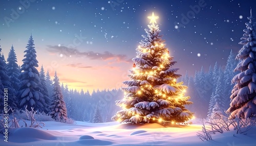 Wallpaper Mural Snowy Christmas tree in a winter forest at dawn Torontodigital.ca