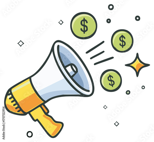 Cartoon megaphone announces financial success, promotion, and money-making opportunities.