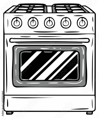 Illustration of a White Gas Range Oven with Four Burners for Cooking, Culinary, Baking