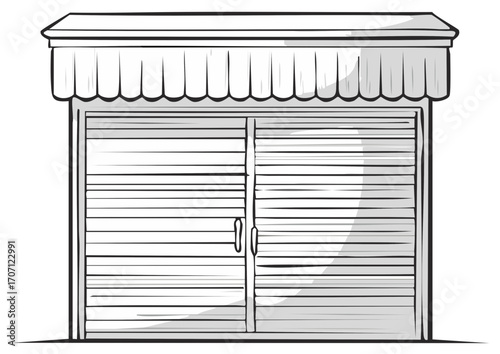 Illustration of store front with closed shutter doors and awning in a line art style, depicting retail, shop, business