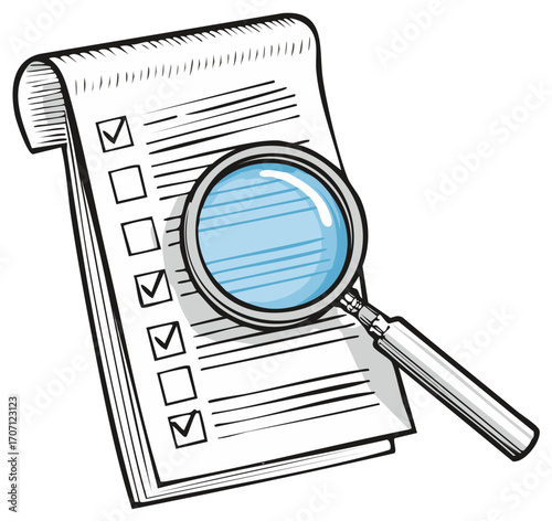 Magnifying glass and Checklist Illustration of planning and organization, marking progress on list, with checked boxes and lines