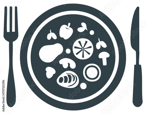 Food plate illustration with ingredients vegetables fruit for vegan balanced diet