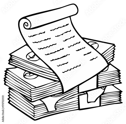Stack of cash with a rolled document on top black and white drawing illustration