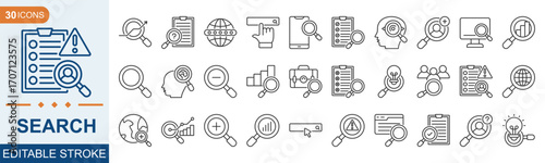 Search line editable icon set. Magnifying glass, find, research, SEO, investigate, and more. Editable stroke. Vector illustration eps 10
