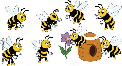 Cartoon angry bees around a flower and beehive, buzzing insects, animated bee characters, nature illustration, pollination concept, vibrant yellow and black stripes.