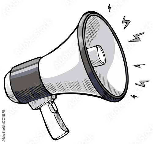 Illustration of megaphone with lightning bolts representing sound waves or amplified voice.