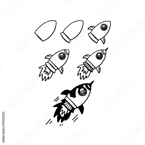 Step by step guide for drawing a cartoon rocket ship soaring through space, easy to follow tutorial