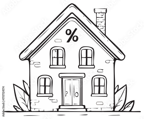 Cartoon house with percentage symbol on roof, mortgage or interest rate concept
