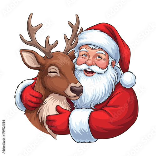 Happy Santa Claus and Reindeer Cuddling Together, Best Friends Hugging, Festive Christmas Holiday Celebration, Merry Christmas Concept