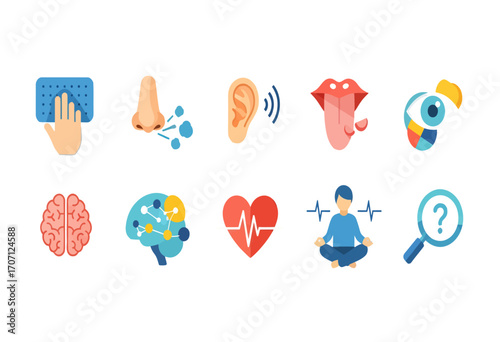 A vibrant collection of flat design icons representing the five human senses, brain function, and mental well-being concepts
