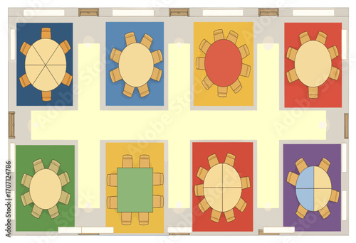 Strategic event seating arrangement illustrated in a colorful top-down floor plan for optimal organization
