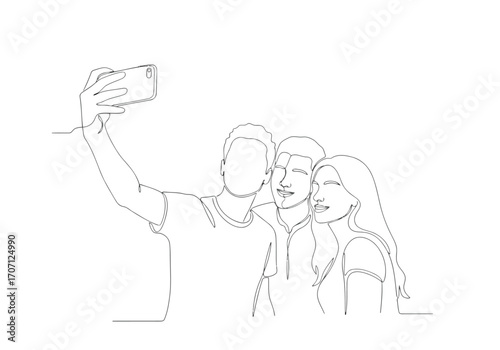 Illustration of three friends taking a selfie together with a smartphone