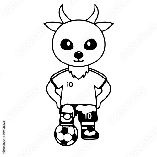 Cute goat cartoon character playing soccer with number ten jersey, a sports mascot illustration